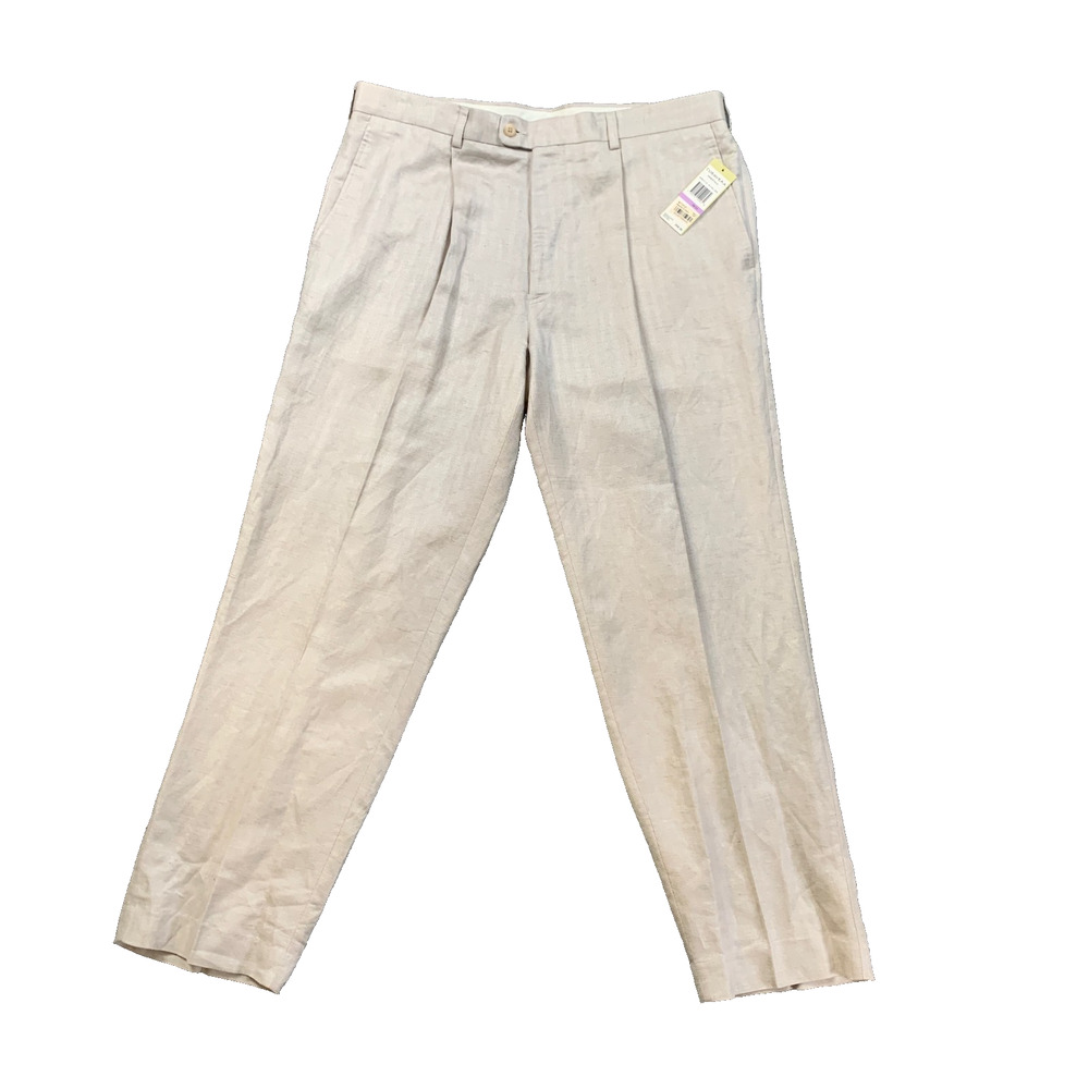 Cubavera Pants Mens 38 Ivory Linen Rayon Blend Herringbone Pleated Pocket Dress